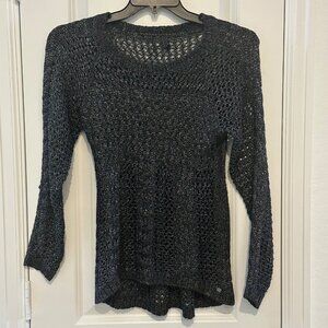 Guess Womens Black Knit Sweater Size S Open Weave Long Sleeve Acrylic Nylon Blen